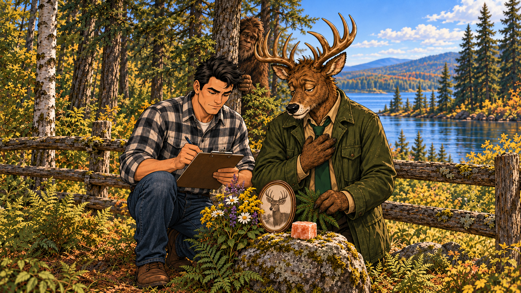 Ren takes notes beside Horace, an anthropomorphic buck in a green field jacket, at a small roadside deer memorial overlooking a Northwoods lake while Bigfoot peeks from behind a pine tree.